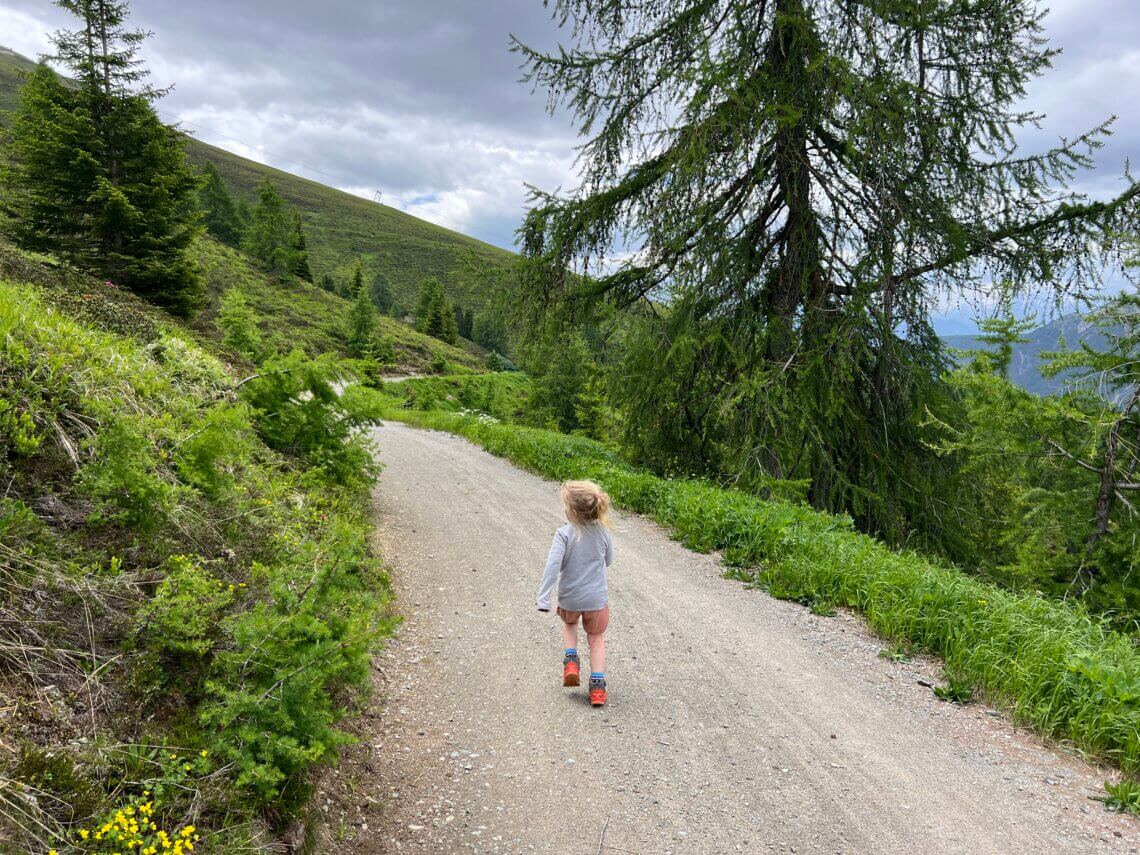 Via het brede pad lopen we terug naar het bergstation.